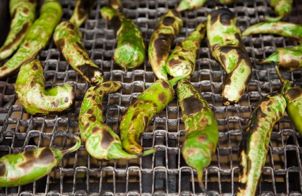 Megsütött zöld Hatch chili paprikák a grillrácson