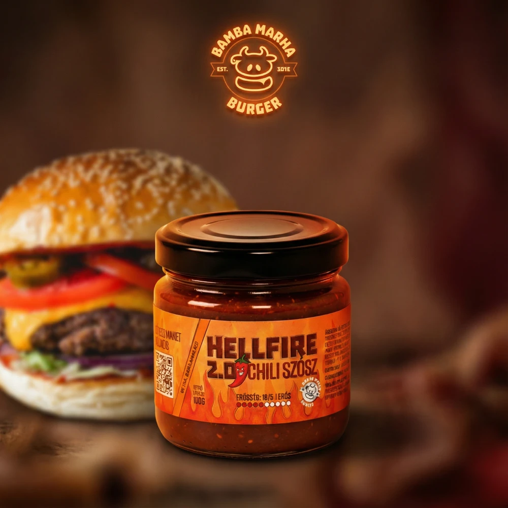 Bamba Marha burger Hellfire 2.0 chili szósz az asztalon, mögötte pedig a burger