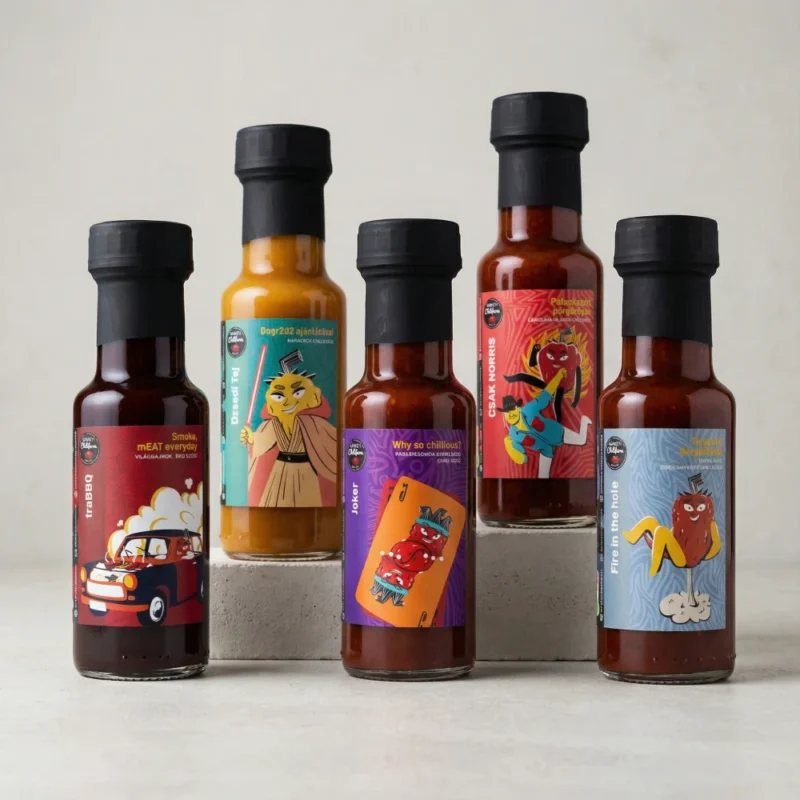 5 különböző chilis termék, 4 chili szósz, 1 chili krém